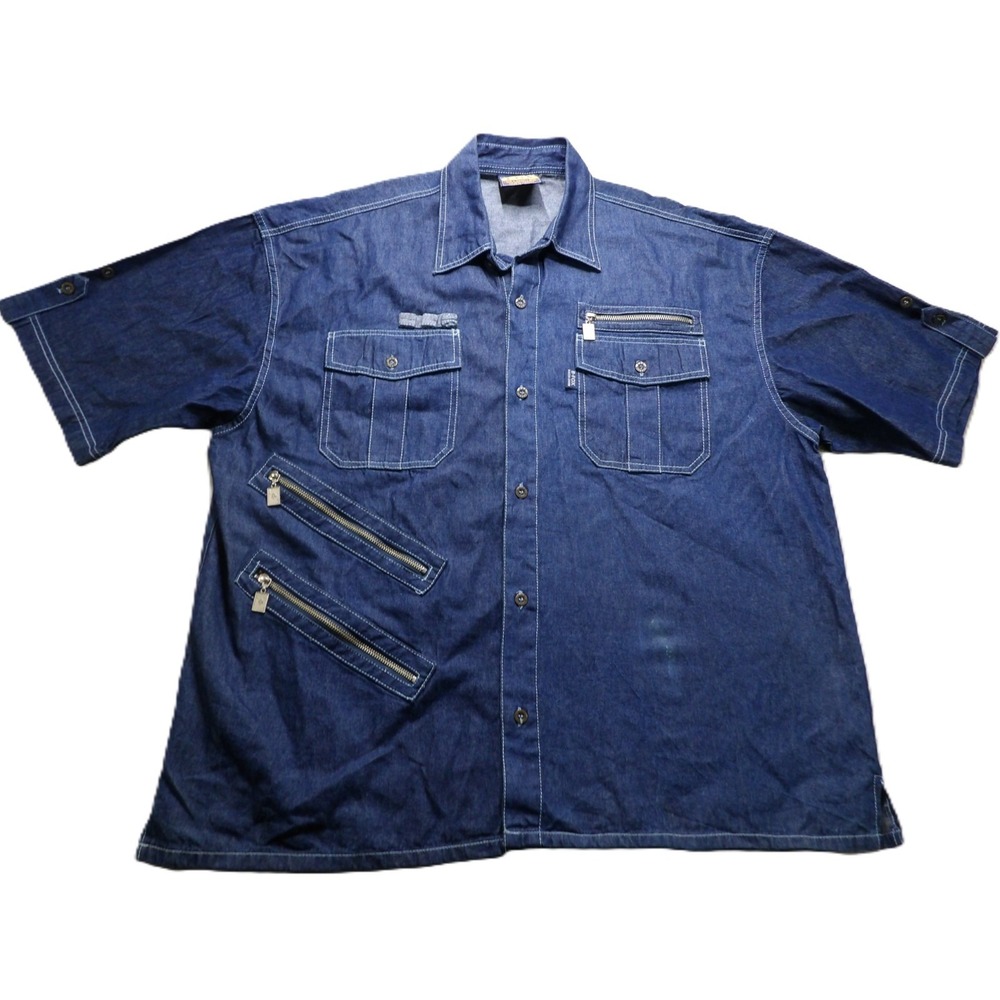 VTG B-Fox Denim Utility Shirt Short Seeves SS Ace Of Spades Moto Y2K Men XL Blue